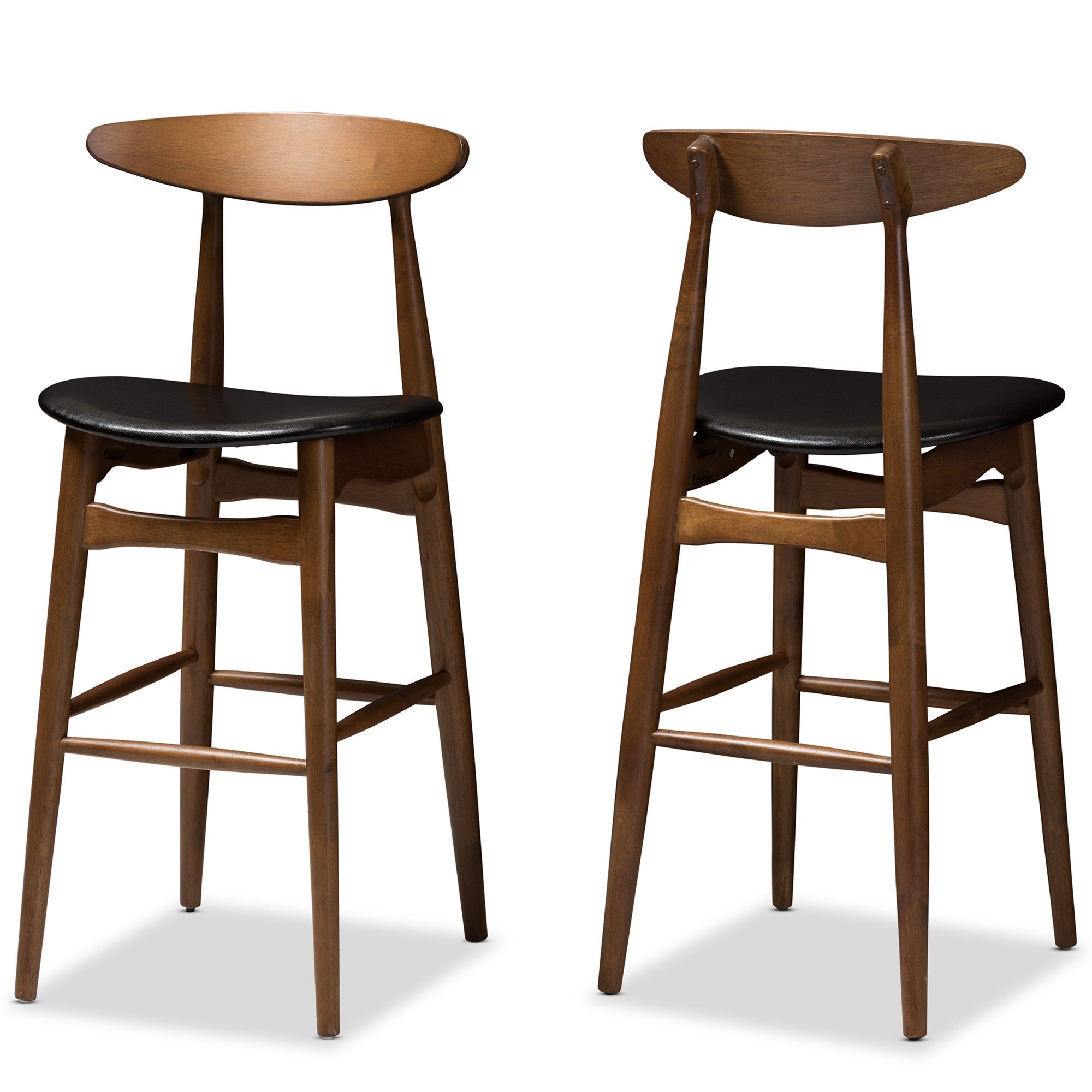 Baxton Studio Flora Mid-Century Modern Black Faux Leather Upholstered Walnut Finished Bar Stool (Set of 2)