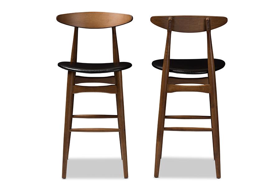 Baxton Studio Flora Mid-Century Modern Black Faux Leather Upholstered Walnut Finished Bar Stool (Set of 2)