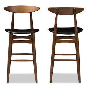 Baxton Studio Flora Mid-Century Modern Black Faux Leather Upholstered Walnut Finished Bar Stool (Set of 2)