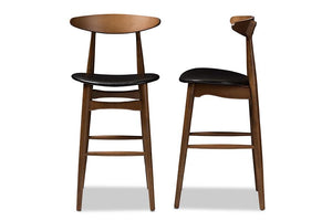 Baxton Studio Flora Mid-Century Modern Black Faux Leather Upholstered Walnut Finished Bar Stool (Set of 2)