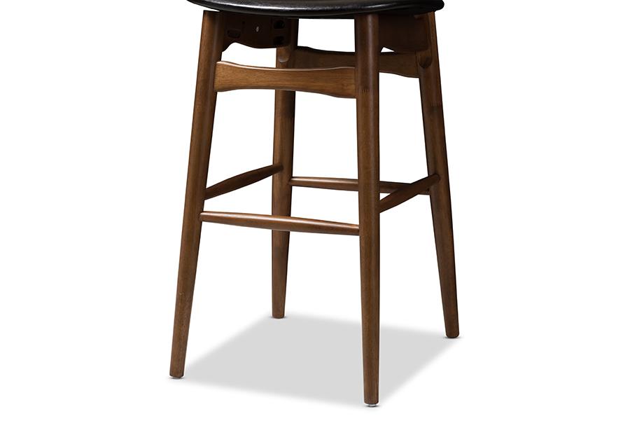 Baxton Studio Flora Mid-Century Modern Black Faux Leather Upholstered Walnut Finished Bar Stool (Set of 2)