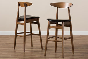 Baxton Studio Flora Mid-Century Modern Black Faux Leather Upholstered Walnut Finished Bar Stool (Set of 2)