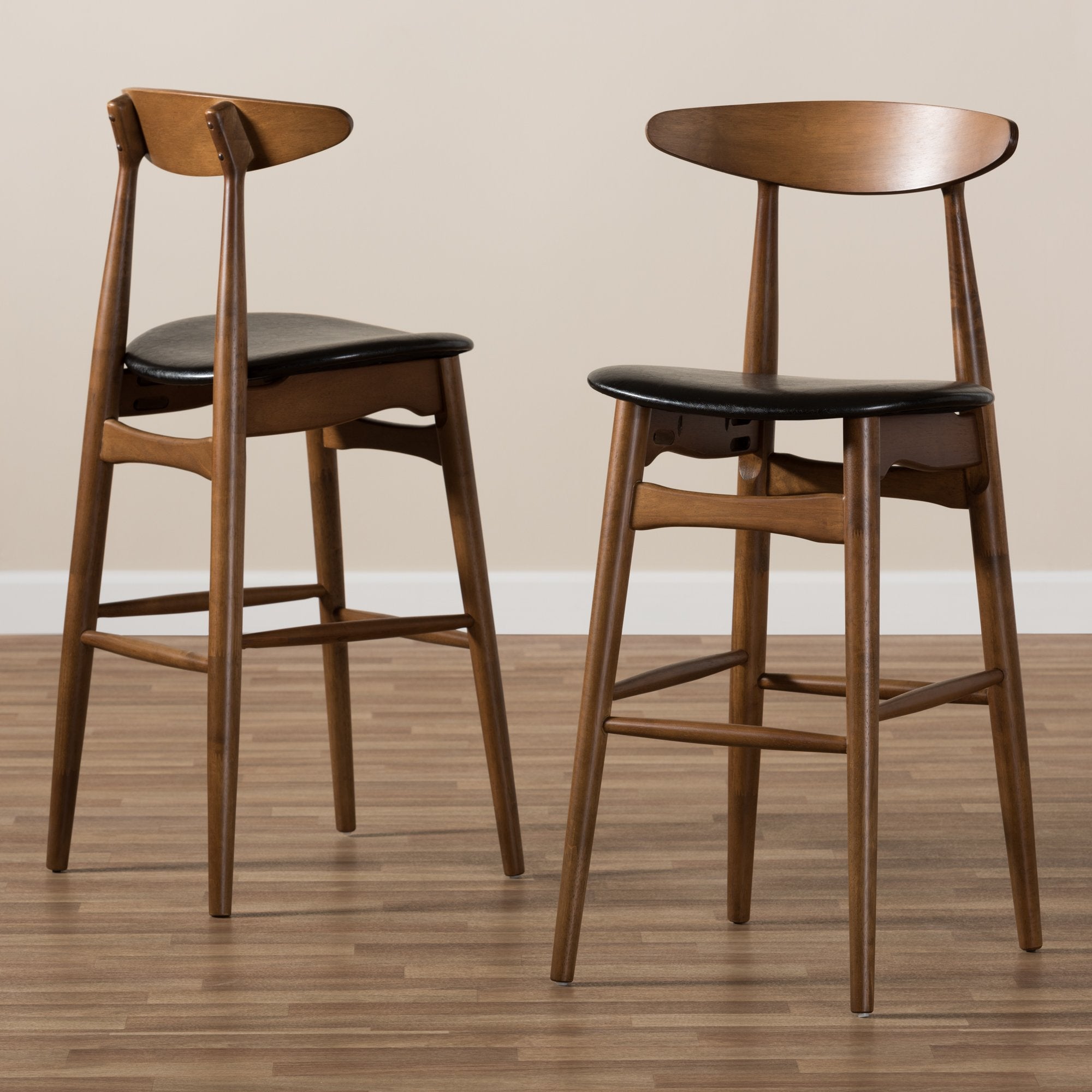 Baxton Studio Flora Mid-Century Modern Black Faux Leather Upholstered Walnut Finished Bar Stool (Set of 2)