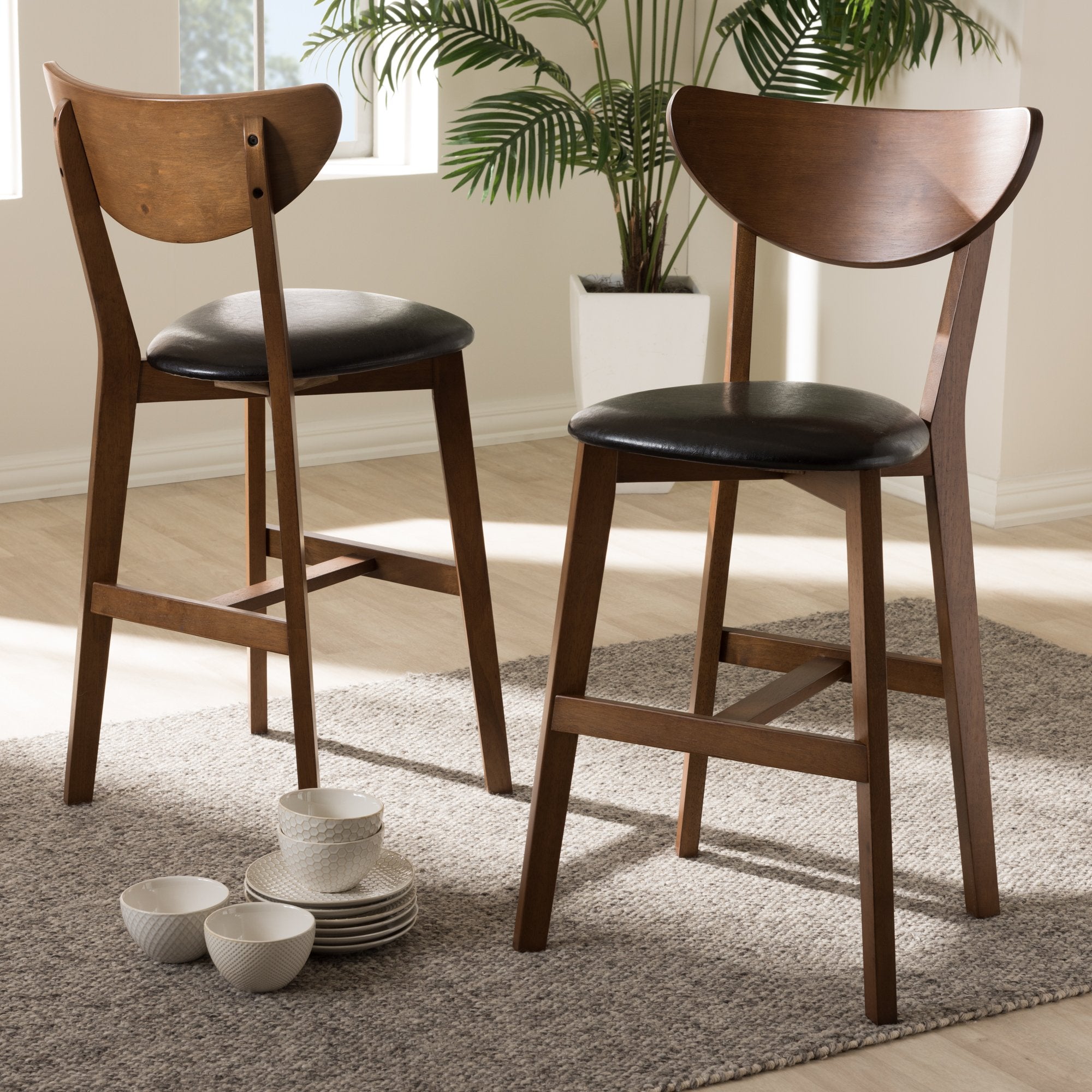 Baxton Studio Eline Mid-Century Modern Black Faux Leather Upholstered Walnut Finished Counter Stool (Set of 2)