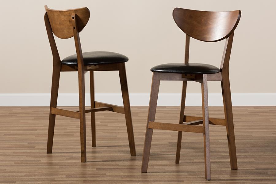 Baxton Studio Eline Mid-Century Modern Black Faux Leather Upholstered Walnut Finished Counter Stool (Set of 2)