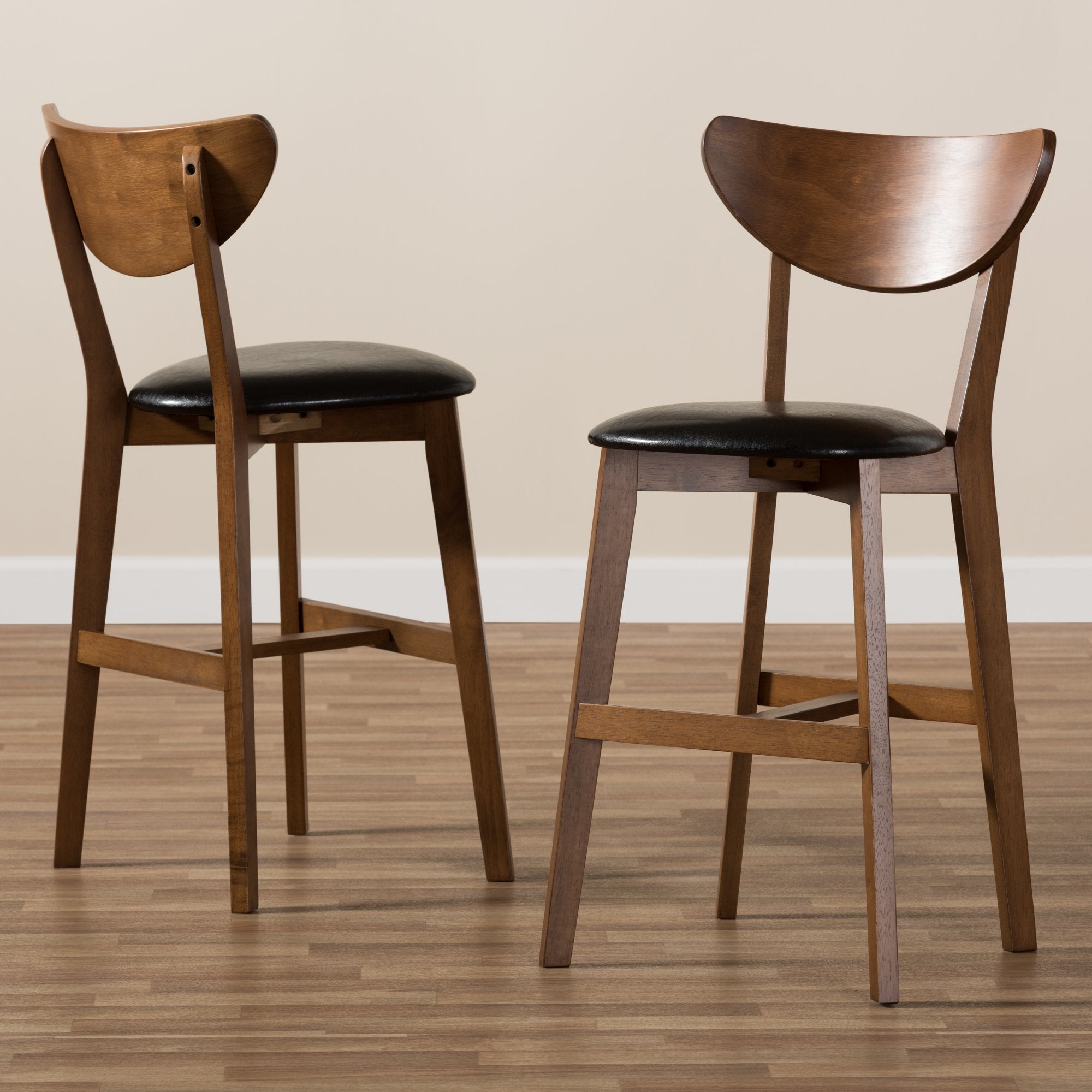 Baxton Studio Eline Mid-Century Modern Black Faux Leather Upholstered Walnut Finished Counter Stool (Set of 2)