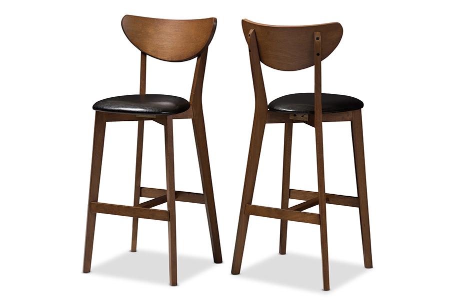 Baxton Studio Eline Mid-Century Modern Black Faux Leather Upholstered Walnut Finished Bar Stool (Set of 2)