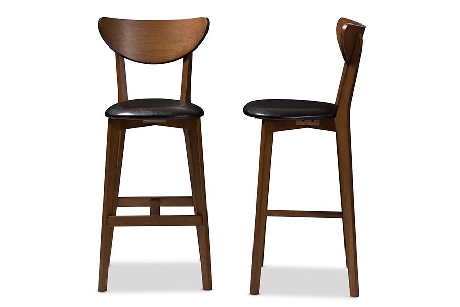 Baxton Studio Eline Mid-Century Modern Black Faux Leather Upholstered Walnut Finished Bar Stool (Set of 2)