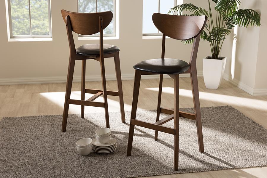 Baxton Studio Eline Mid-Century Modern Black Faux Leather Upholstered Walnut Finished Bar Stool (Set of 2)