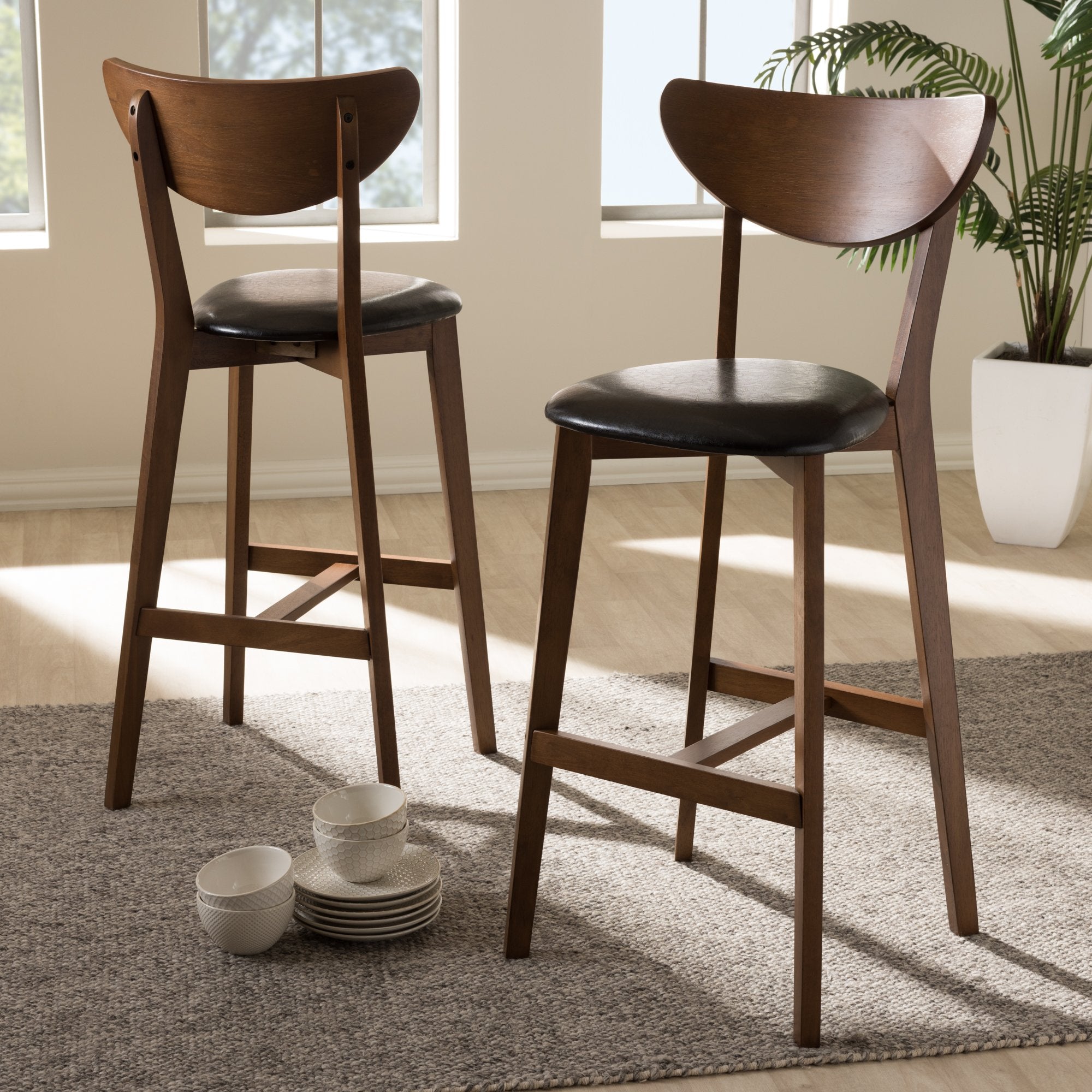 Baxton Studio Eline Mid-Century Modern Black Faux Leather Upholstered Walnut Finished Bar Stool (Set of 2)