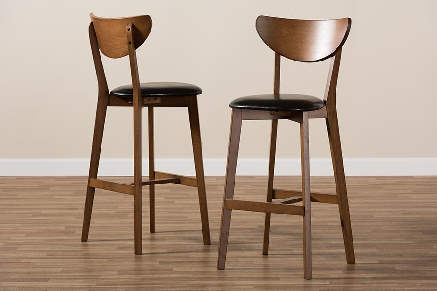 Baxton Studio Eline Mid-Century Modern Black Faux Leather Upholstered Walnut Finished Bar Stool (Set of 2)