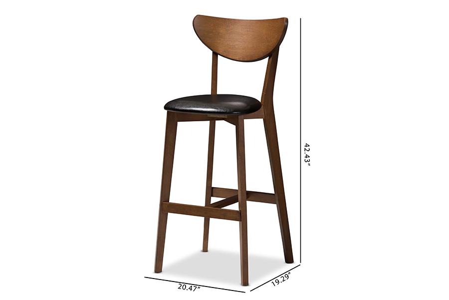 Baxton Studio Eline Mid-Century Modern Black Faux Leather Upholstered Walnut Finished Bar Stool (Set of 2)