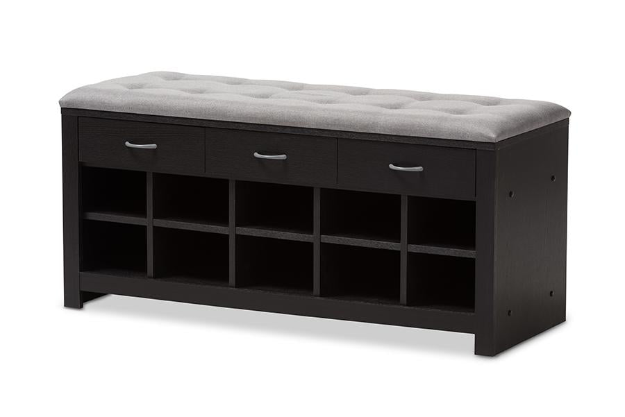 Baxton Studio Modern and Contemporary Espresso Finished Grey Fabric Upholstered Cushioned Entryway Bench