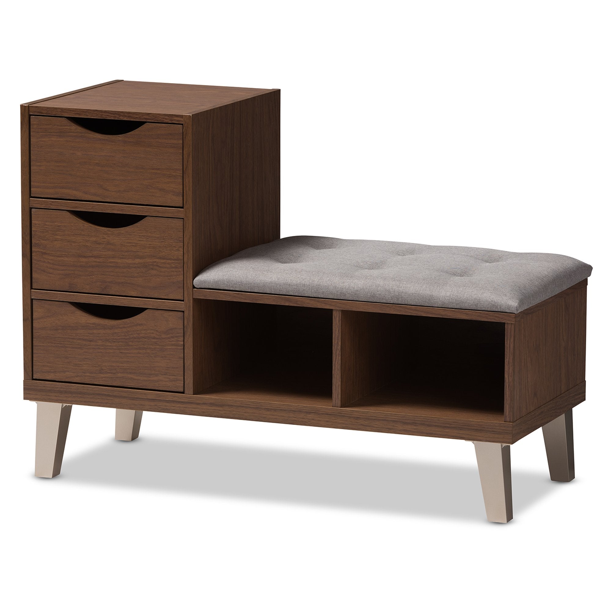 Baxton Studio Arielle Modern and Contemporary Walnut Wood 3-Drawer Shoe Storage Grey Fabric Upholstered Seating Bench with Two Open Shelves