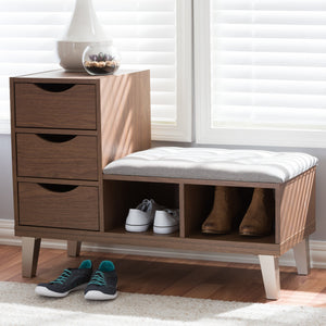 Baxton Studio Arielle Modern and Contemporary Walnut Wood 3-Drawer Shoe Storage Grey Fabric Upholstered Seating Bench with Two Open Shelves