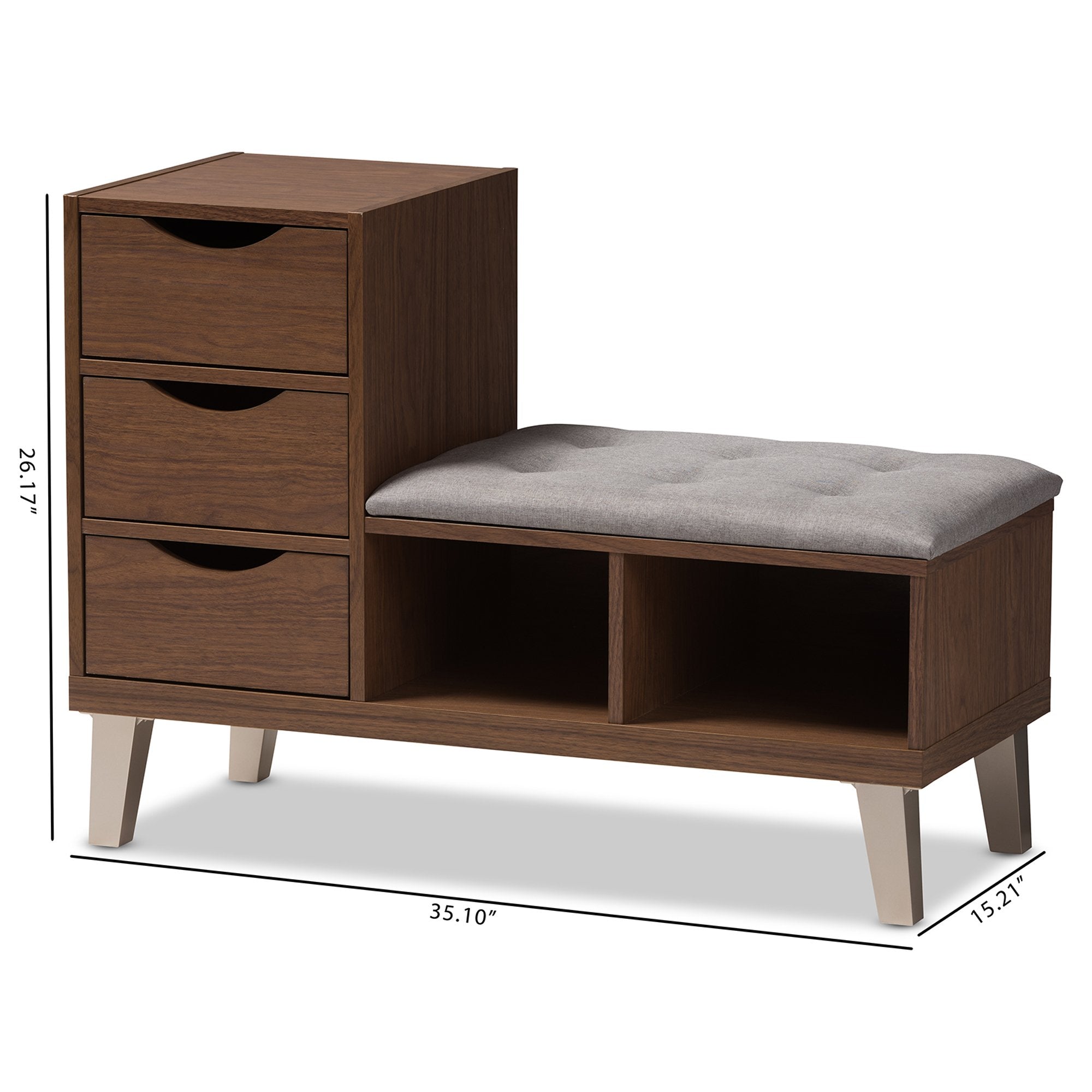 Baxton Studio Arielle Modern and Contemporary Walnut Wood 3-Drawer Shoe Storage Grey Fabric Upholstered Seating Bench with Two Open Shelves