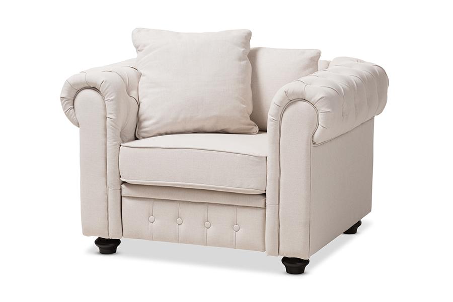 Baxton Studio Alaise Modern Classic Beige Linen Tufted Scroll Arm Chesterfield Chair