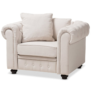 Baxton Studio Alaise Modern Classic Beige Linen Tufted Scroll Arm Chesterfield Chair