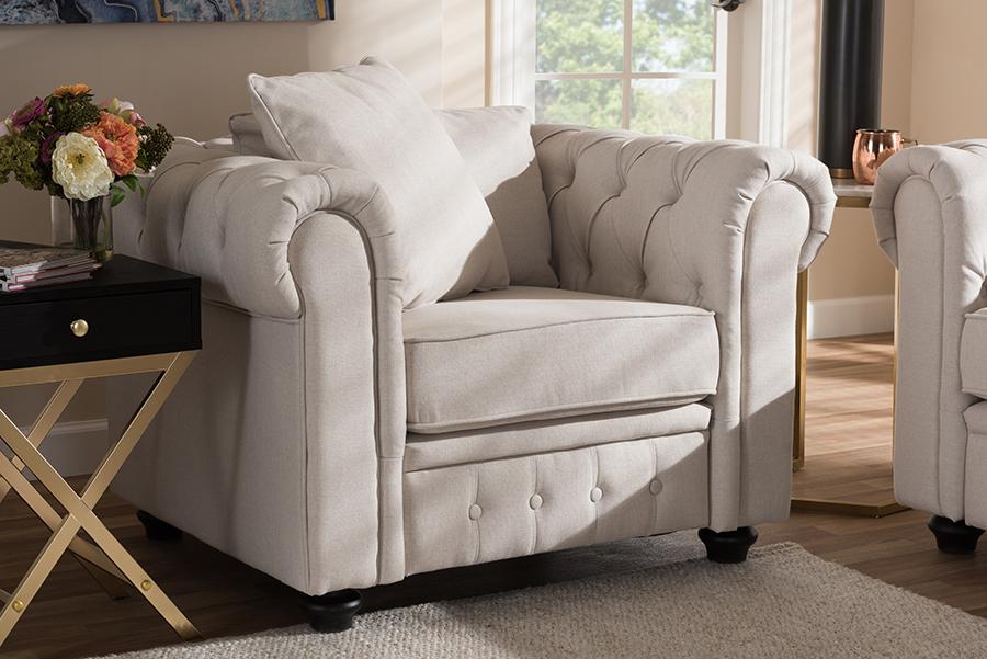 Baxton Studio Alaise Modern Classic Beige Linen Tufted Scroll Arm Chesterfield Chair