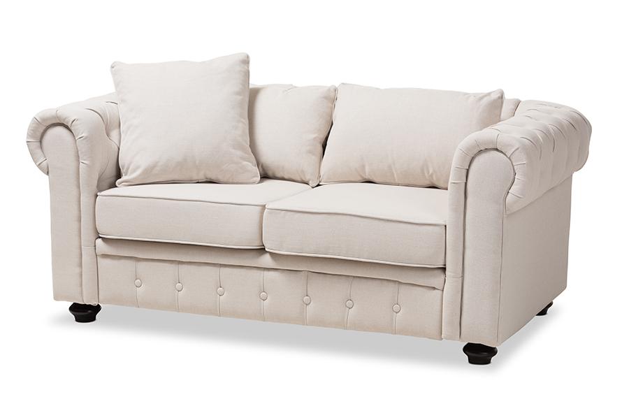 Baxton Studio Alaise Modern Classic Beige Linen Tufted Scroll Arm Chesterfield Loveseat