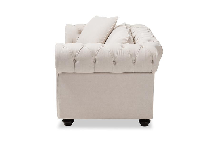 Baxton Studio Alaise Modern Classic Beige Linen Tufted Scroll Arm Chesterfield Loveseat