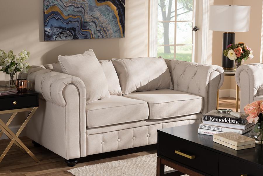 Baxton Studio Alaise Modern Classic Beige Linen Tufted Scroll Arm Chesterfield Loveseat