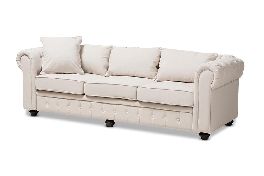 Baxton Studio Alaise Modern Classic Beige Linen Tufted Scroll Arm Chesterfield Sofa