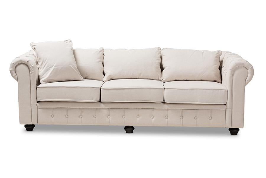 Baxton Studio Alaise Modern Classic Beige Linen Tufted Scroll Arm Chesterfield Sofa