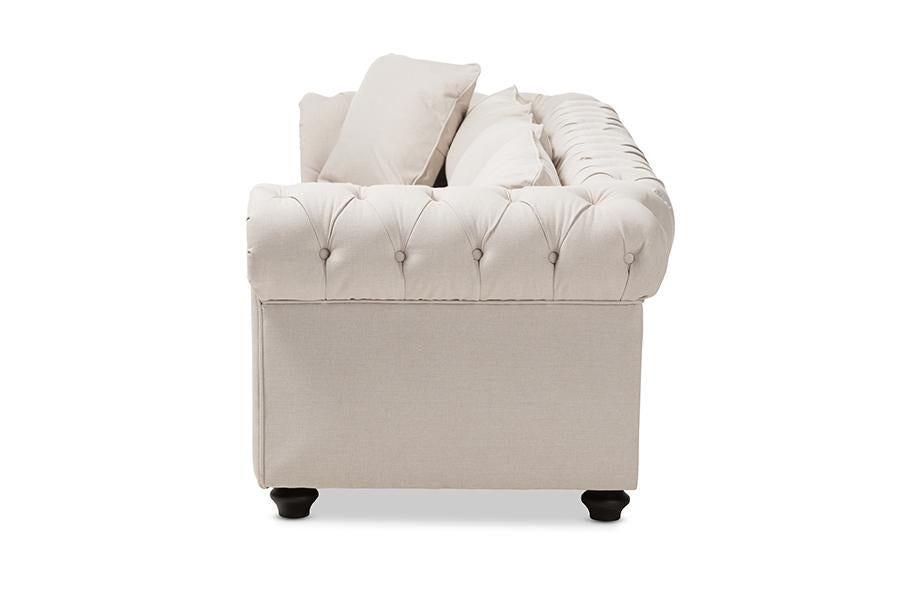 Baxton Studio Alaise Modern Classic Beige Linen Tufted Scroll Arm Chesterfield Sofa