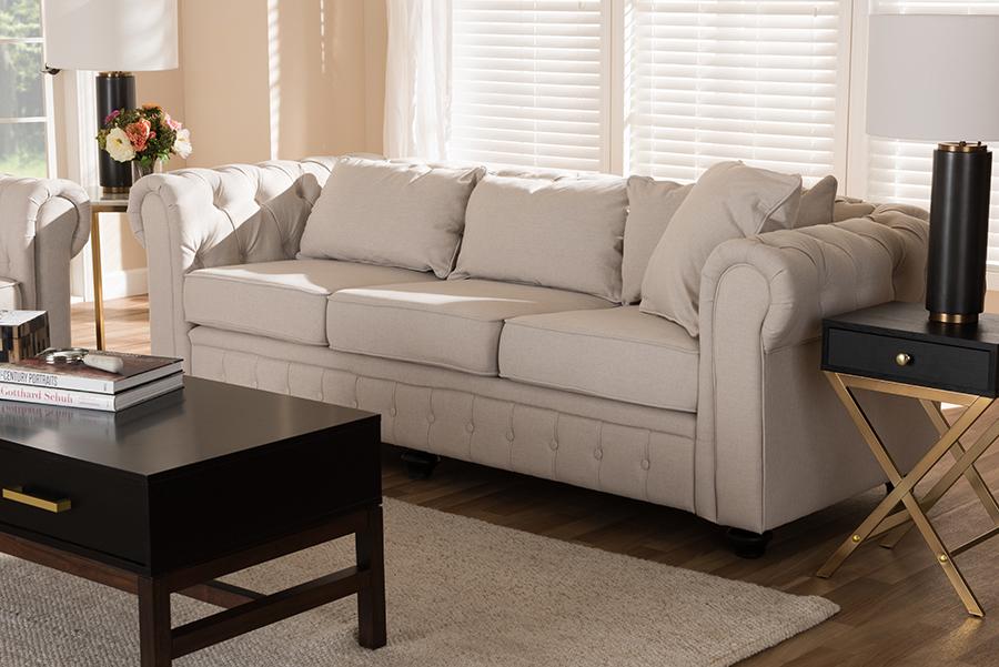 Baxton Studio Alaise Modern Classic Beige Linen Tufted Scroll Arm Chesterfield Sofa