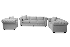 Baxton Studio Alaise Modern Classic Grey Linen Tufted Scroll Arm Chesterfield 3-Piece Living Room Set