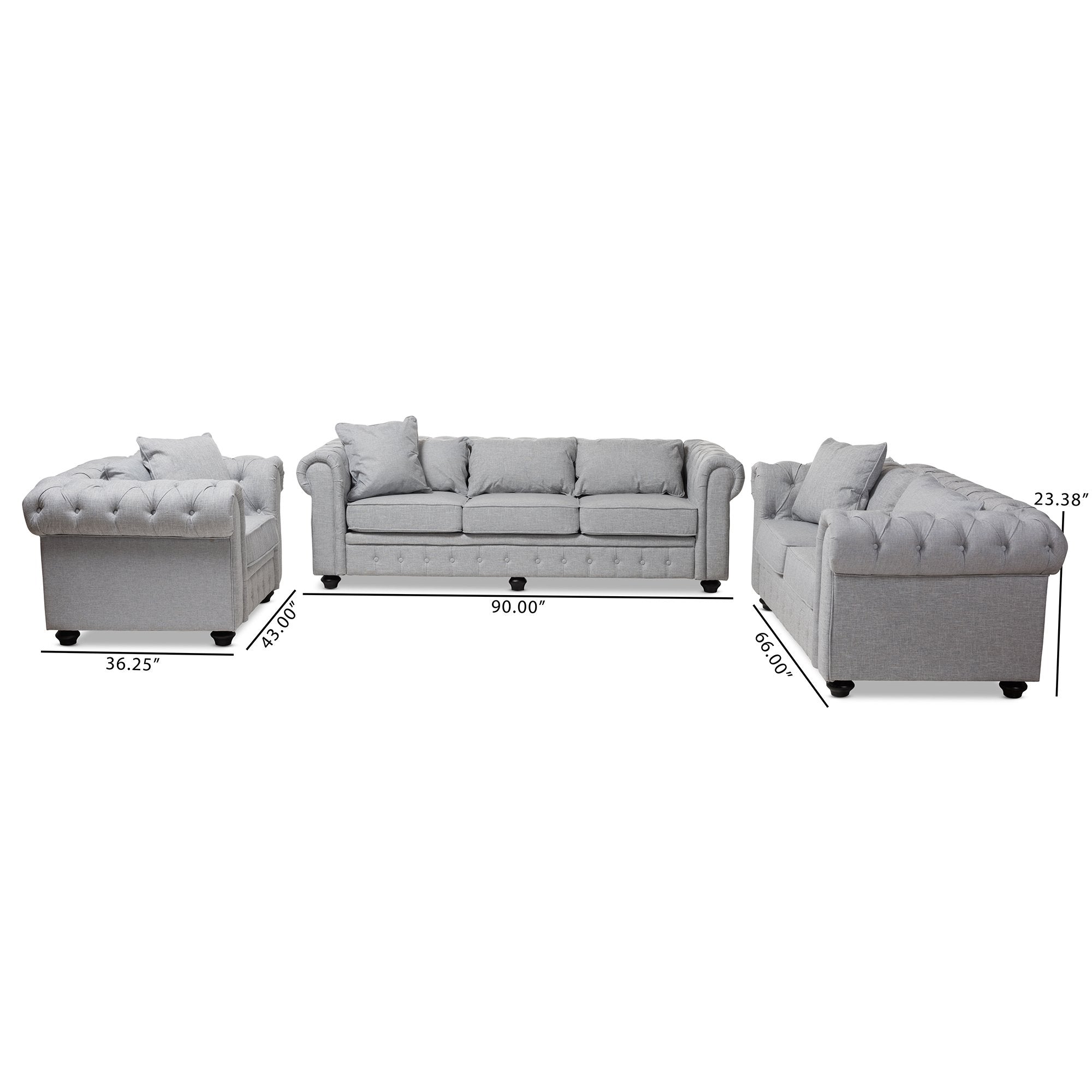 Baxton Studio Alaise Modern Classic Grey Linen Tufted Scroll Arm Chesterfield 3-Piece Living Room Set