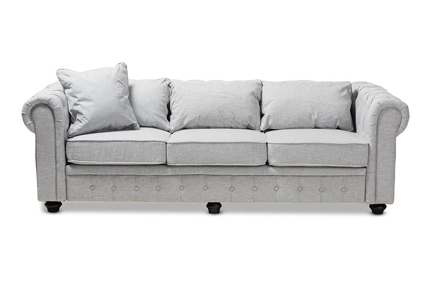 Baxton Studio Alaise Modern Classic Grey Linen Tufted Scroll Arm Chesterfield Sofa