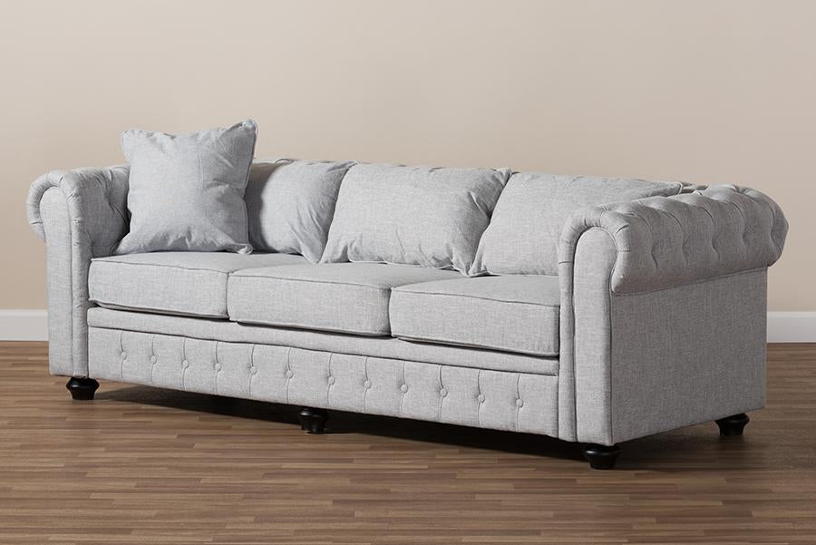 Baxton Studio Alaise Modern Classic Grey Linen Tufted Scroll Arm Chesterfield Sofa