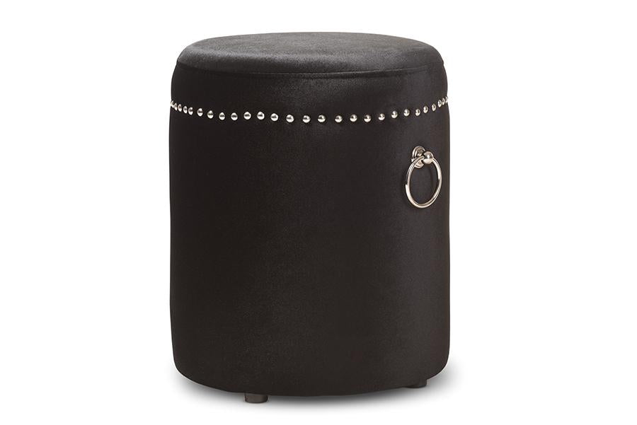 Baxton Studio Maeve Modern and Contemporary Black Velvet Upholstered Nailhead Trim Ottoman