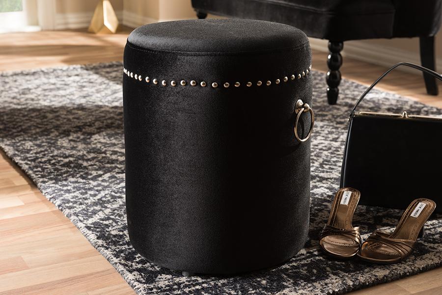 Baxton Studio Maeve Modern and Contemporary Black Velvet Upholstered Nailhead Trim Ottoman