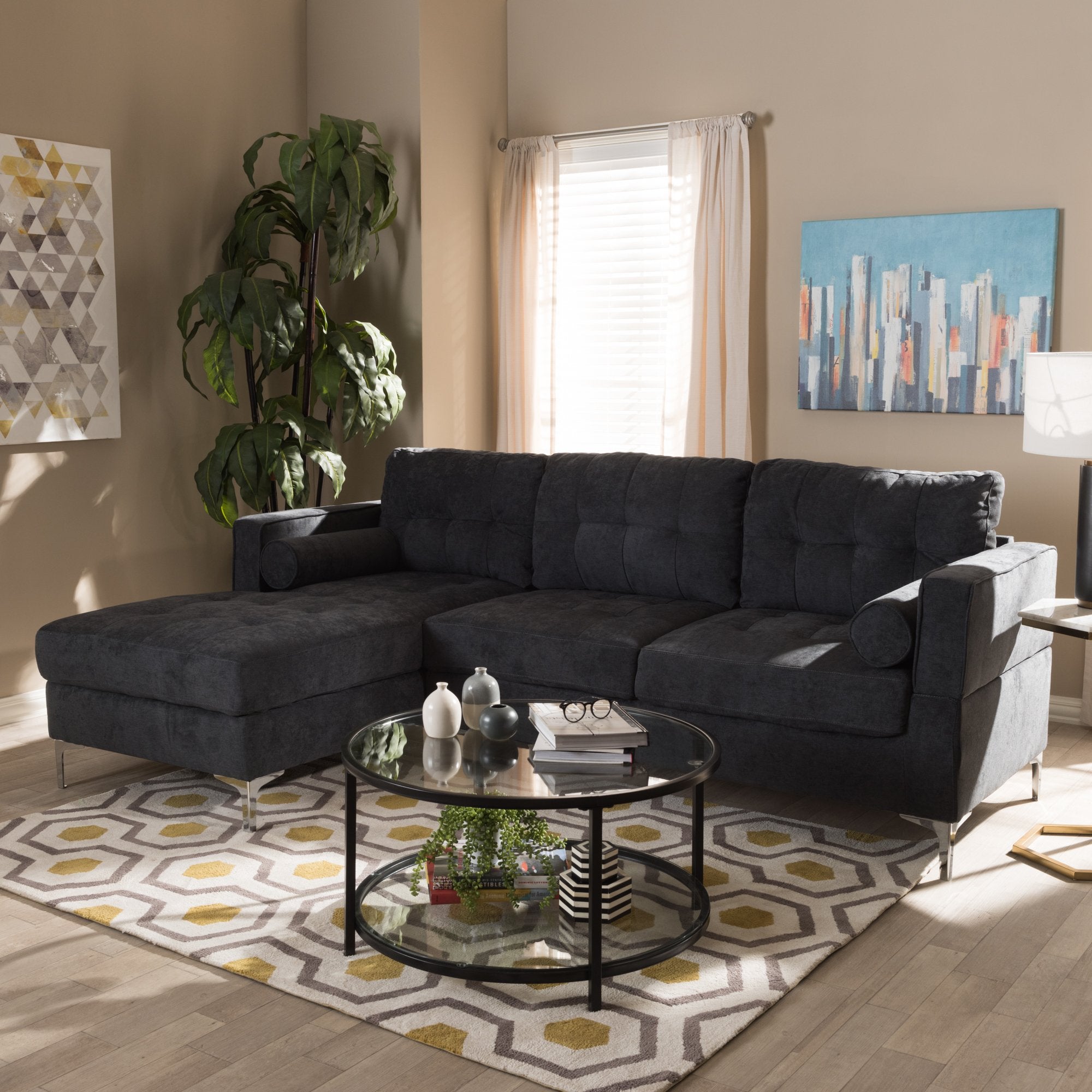 Baxton Studio Mireille Modern and Contemporary Dark Grey Fabric Upholstered Sectional Sofa