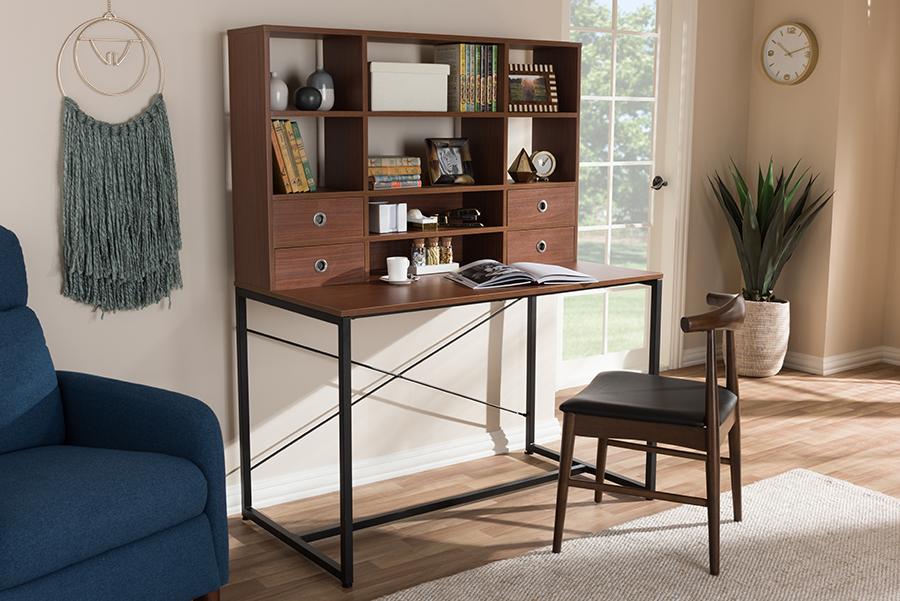 Baxton Studio Edwin Rustic Industrial Style Brown Wood and Metal 2-in-1 Bookcase Writing Desk