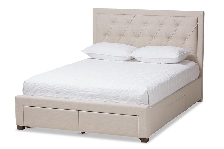 Baxton Studio Aurelie Modern and Contemporary Light Beige Fabric Upholstered Queen Size Storage Bed