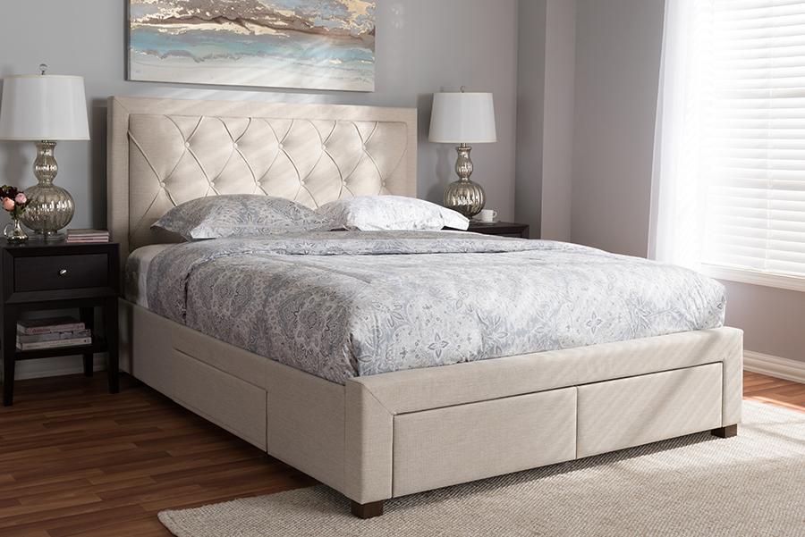 Baxton Studio Aurelie Modern and Contemporary Light Beige Fabric Upholstered Queen Size Storage Bed