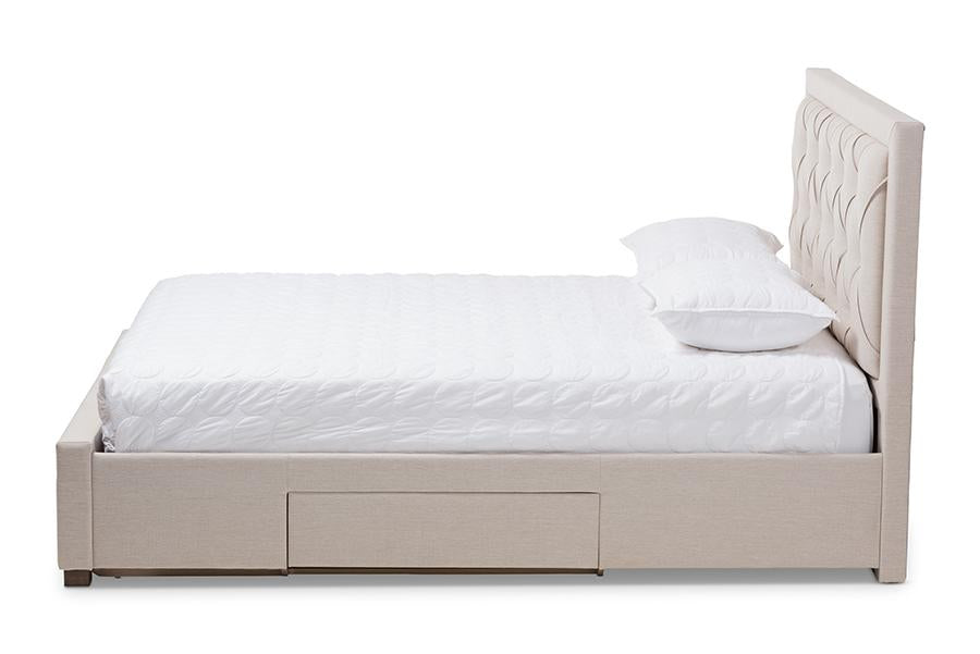 Baxton Studio Aurelie Modern and Contemporary Light Beige Fabric Upholstered Queen Size Storage Bed