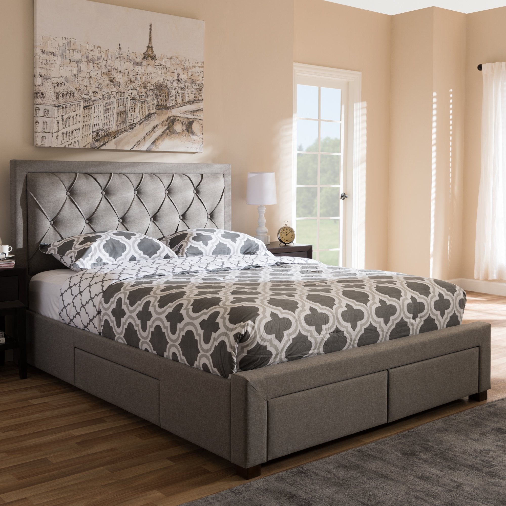 Baxton Studio Aurelie Modern and Contemporary Light Grey Fabric Upholstered King Size Storage Bed