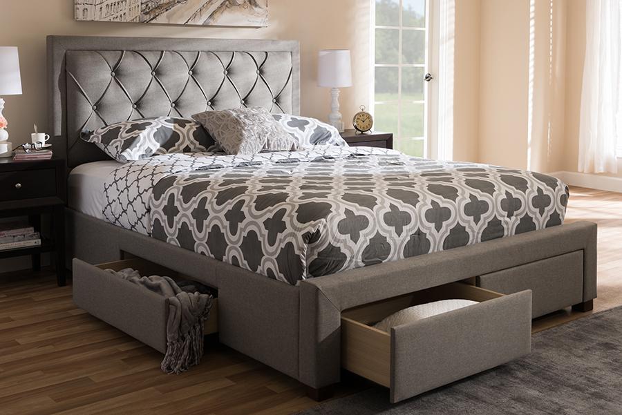 Baxton Studio Aurelie Modern and Contemporary Light Grey Fabric Upholstered King Size Storage Bed