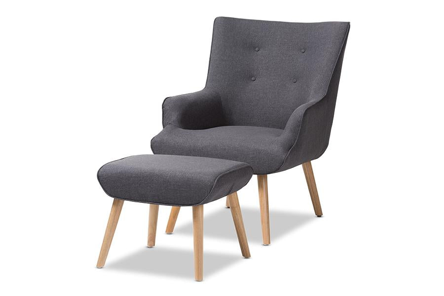 Baxton Studio Alden Mid-Century Modern Dark Grey Fabric Upholstered Natural Finished Wood Lounge Chair and Ottoman Set