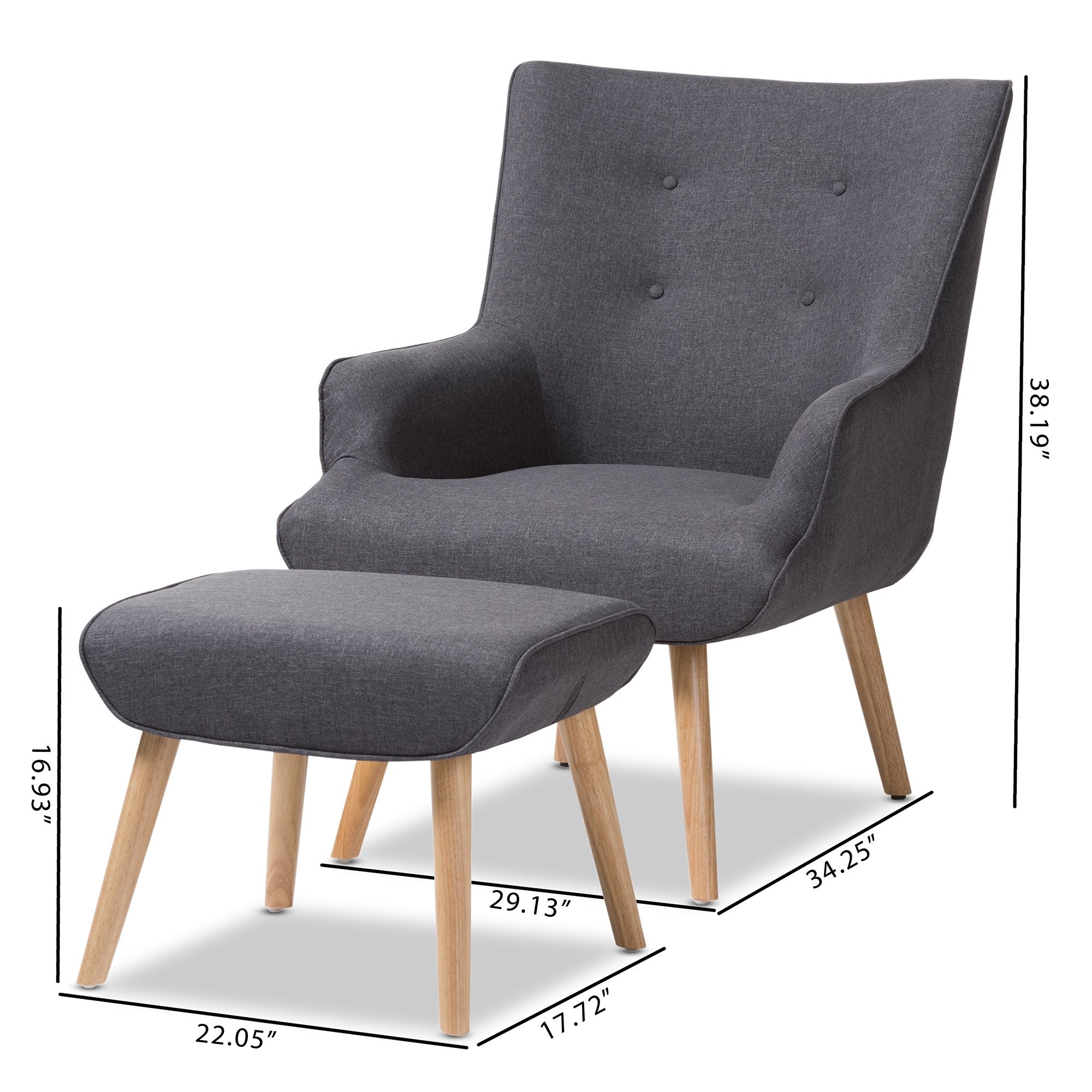 Baxton Studio Alden Mid-Century Modern Dark Grey Fabric Upholstered Natural Finished Wood Lounge Chair and Ottoman Set