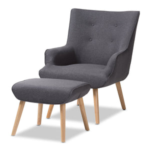 Baxton Studio Alden Mid-Century Modern Dark Grey Fabric Upholstered Natural Finished Wood Lounge Chair and Ottoman Set