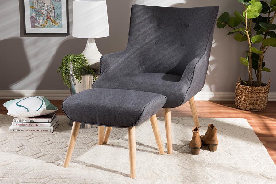 Baxton Studio Alden Mid-Century Modern Dark Grey Fabric Upholstered Natural Finished Wood Lounge Chair and Ottoman Set