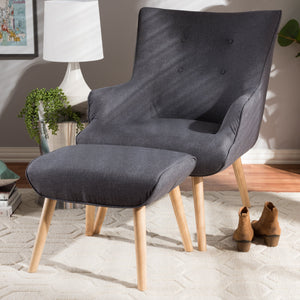 Baxton Studio Alden Mid-Century Modern Dark Grey Fabric Upholstered Natural Finished Wood Lounge Chair and Ottoman Set