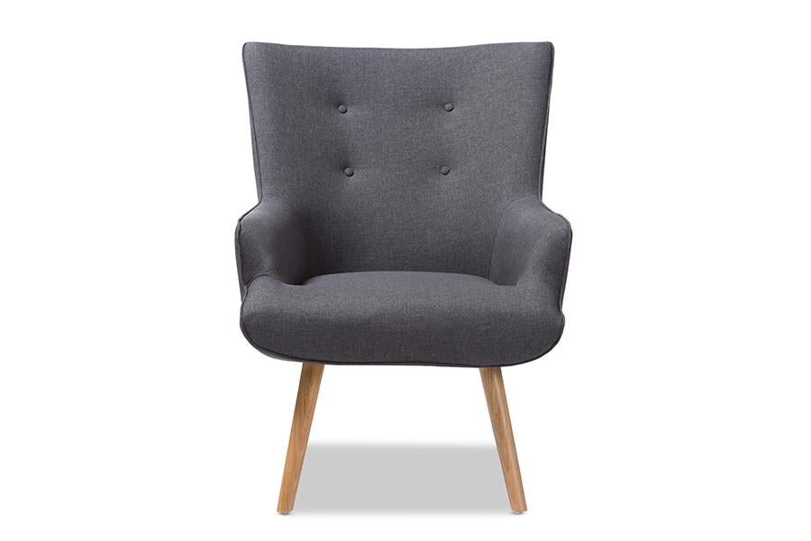 Baxton Studio Alden Mid-Century Modern Dark Grey Fabric Upholstered Natural Finished Wood Lounge Chair