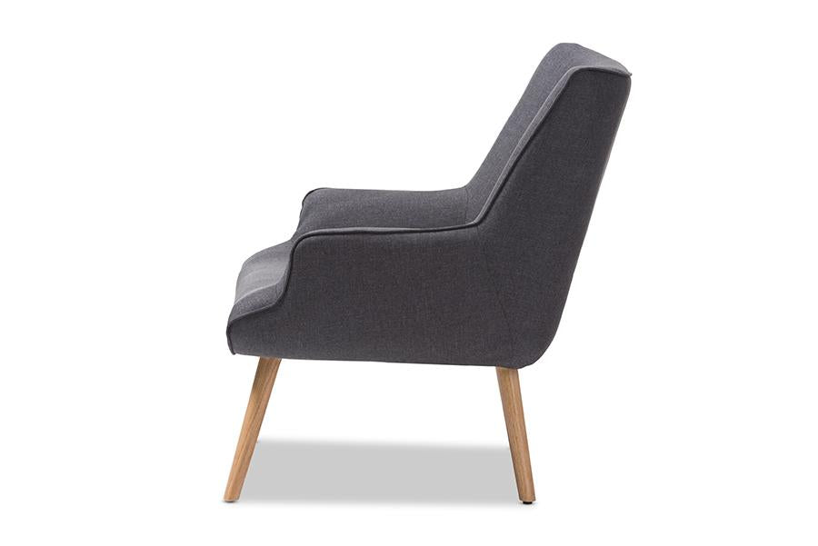 Baxton Studio Alden Mid-Century Modern Dark Grey Fabric Upholstered Natural Finished Wood Lounge Chair